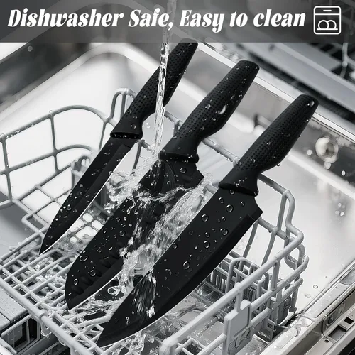 Miniatura 6 de Juego de 20 cuchillos de cocina con bloque, acero inoxidable alemán, apto para lavavajillas, mango antideslizante, color negro