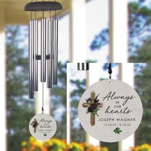 Miniatura 7 de Carillón de viento conmemorativo personalizado de 24" con alas de ángel – Tributo al aire libre personalizado grabado con nombre y fechas