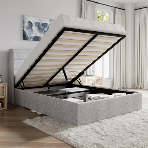 Miniatura 18 de SHA CERLIN - Cama de tamaño completo con almacenamiento elevado/Cabecero abatible moderno/Base de cama tapizada con plataforma/Almacenamiento Beige