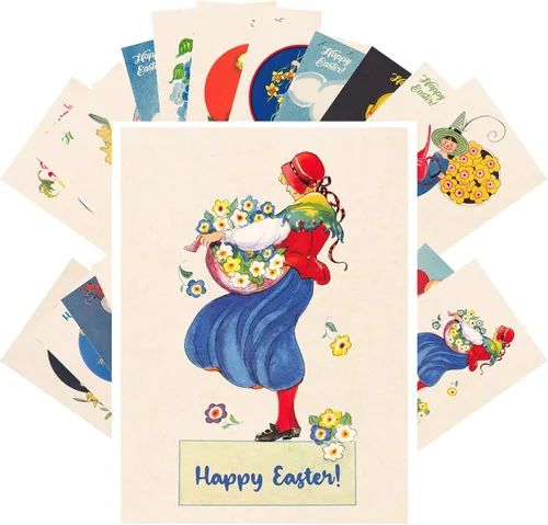 PIXILUV Postales vintage (24 piezas de 4 x 6 pulgadas cada una) Flores de primavera de Pascua y encantadores niños tarjetas de notas vintage retro