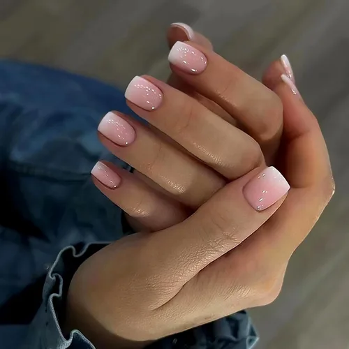 Miniatura 8 de Uñas postizas a presión degradadas con purpurina de longitud corta, uñas postizas en forma de ataúd con diseño de hojas de corazón, 24 uñas postizas