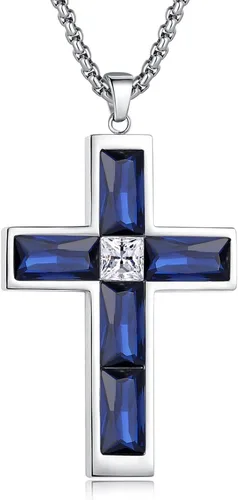 Miniatura 8 de Collar de cruz con piedra de nacimiento para hombre, collar de cruz de acero inoxidable 316L con colgante de cruz de circonia cúbica para mujer