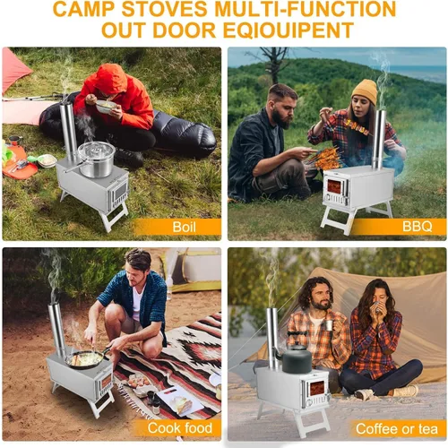 Miniatura 4 de Estufa de tienda de campaña de acero inoxidable 304, ultraligera, plegable, portátil, estufa de leña con tubos de chimenea y amortiguador giratorio