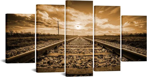 iKNOW FOTO Lienzo grande de 5 paneles para pared, diseño vintage sepia, carril de ferrocarril, impresión giclée, imagen para decoración moderna para