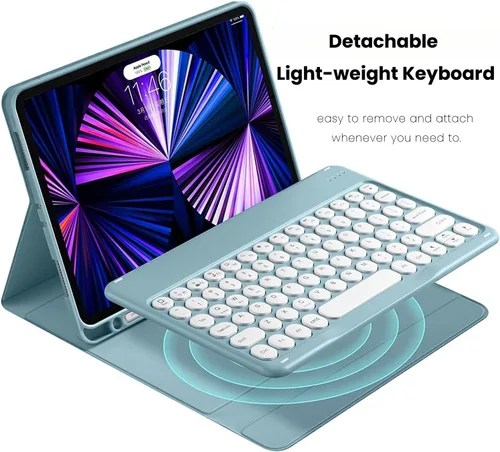 Miniatura 3 de Funda de teclado para Galaxy Tab A8 de 10.5 pulgadas, funda con soporte de teclas redondas delgadas de color caramelo dulce con soporte para S Pen
