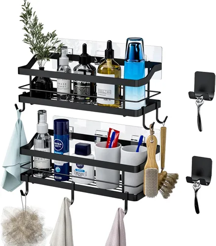 Estante de baño para ducha, paquete de 2, cesta con 8 ganchos para colgar champú acondicionador, estante de acero inoxidable, organizador de
