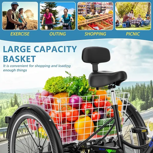 Miniatura 8 de NAIZEA Adult Tricycle, 7 Speed Three Wheel Cruiser Bike, 20/24/26 inch Adult Trikes 3 Wheel Bikes with Large Basket for Seniors, Adults, Women, Men