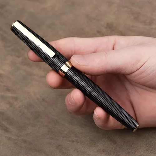 Miniatura 9 de Hongdian 1845 - Pluma estilográfica de punta extrafina, color negro a rayas doradas, instrumento de escritura sólido con estuche para bolígrafo