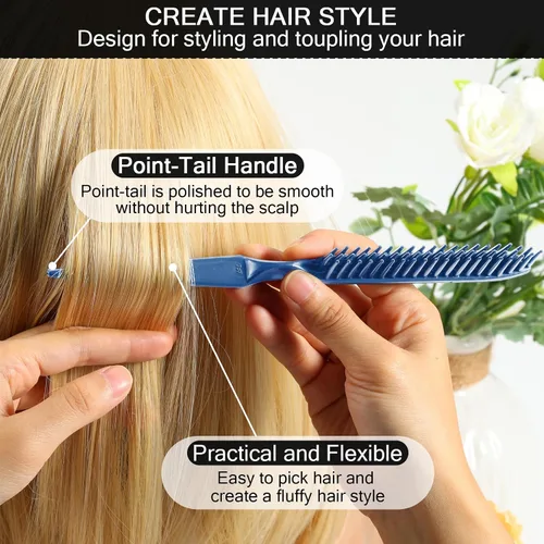 Miniatura 5 de SIMPOR Peine de pelo de 3 filas para desenredar natural, cepillo de peinado de pelo, cerdas de nailon, peine de cola de rata, para mujeres y Azul