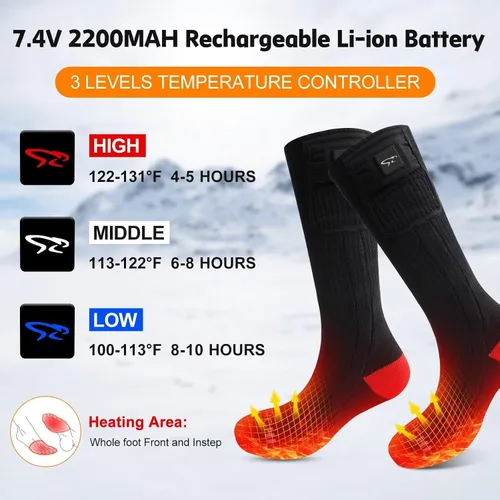 Miniatura 3 de Calcetines calefactables con ajustes eléctricos recargables, para hombres y mujeres, calcetines mejorados de 7.4 V con batería, 3 ajustes de calor
