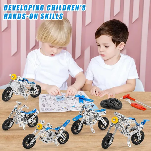 Miniatura 6 de BESTYMXY Kit de construcción modelo de motocicleta, 5 en 1 de metal para motos STEM, juguetes de construcción para niños de 8 a 12 años, ensamblaje