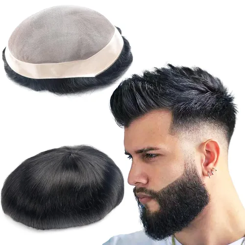 Sistema de cabello para hombre Toupee sistema de reemplazo de cabello mono encaje con encaje Npu tamaño 6x8 pulgadas 6 pulgadas longitud color 1 #