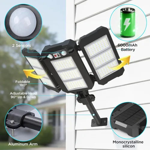 Miniatura 5 de Luces solares de inundación para exteriores, 7000 LM luces solares de brazo de aluminio súper brillantes, 6000 mAh, control remoto, luces LED