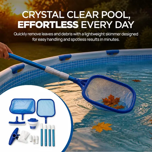 Miniatura 7 de FibroPool Kit de mantenimiento de piscina sobre el suelo – Poste telescópico, red desnatadora de hojas, cabezal de vacío, cepillo de piscina