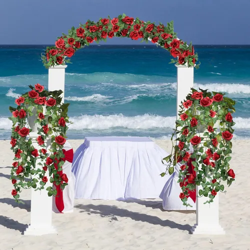 Miniatura 2 de Syhood Guirnalda de rosas artificiales, enredaderas y hojas, pancartas colgantes, guirnalda floral falsa para ceremonia de arco de boda, hogar, Rojo