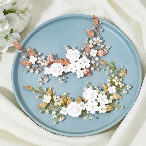 Miniatura 8 de Unicra Flor novia pelo vid perla pieza de pelo nupcial hoja accesorios para el pelo diadema de diamantes de imitación para mujeres y niñas (dorado)
