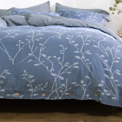 Miniatura 12 de Juego de funda de edredón tamaño matrimonial/queen, hilo de algodón lavado, jacquard azul y blanco, patrón de ramas finas estilo floral, juego