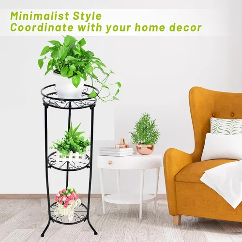 Miniatura 3 de FAMZ Soporte para plantas para interiores y exteriores, 3 niveles de alto, soportes de metal negro para plantas, estante redondo de 35 pulgadas