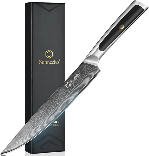Sunnecko Cuchillo de Cocina de Damasco de 8 Pulgadas Cuchillo de Trinchar para Cortar Carne Cuchillo Japonés de Acero VG10, Espiga Completa