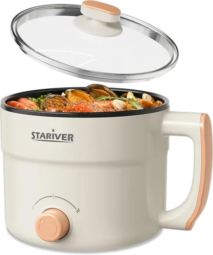 Stariver - Olla caliente eléctrica de 1.5L con doble potencia - Mini olla portátil antiadherente para fideos, sopa, pasta, huevo, avena - Protección