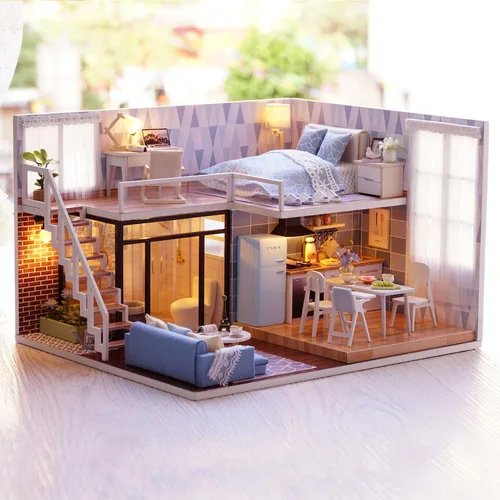 Miniatura 3 de TuKIIE Kit de casa de muñecas en miniatura con muebles, a escala 1:24, casa de muñecas de madera con accesorios, a prueba de polvo, con música