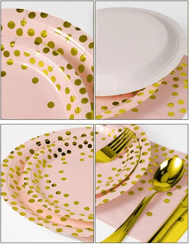 Miniatura 2 de Nkaiso 141 piezas de suministros de fiesta de oro rosa, los juegos de vajilla de fiesta incluyen platos de papel, servilletas, tazas y cubiertos