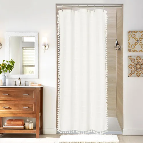 Miniatura 29 de MitoVilla Juego de cortinas de ducha estilo bohemio, modernas cortinas de ducha bohemias para decoración de baño, cortina de ducha de tela de lino