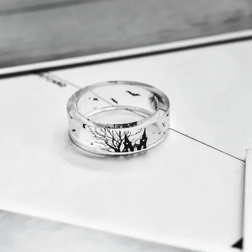 Miniatura 4 de JAJAFOOK 0315in resina acrílica transparente madera blanco y negro murciélago lápida estilo banda DIY anillo