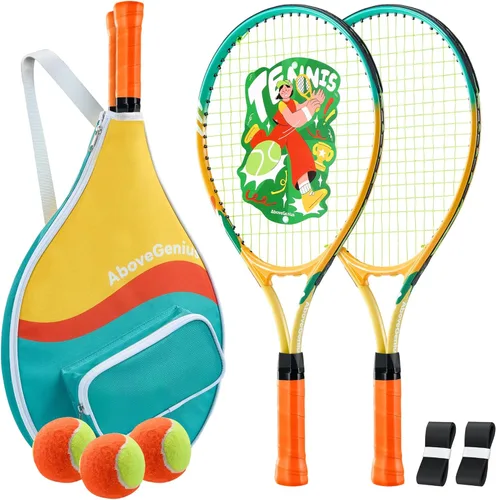 AboveGenius Juego de raquetas de tenis para niños, raqueta de tenis de 21/23/25 pulgadas para niños pequeños, kit de iniciación, 3 bolas, 2 raquetas