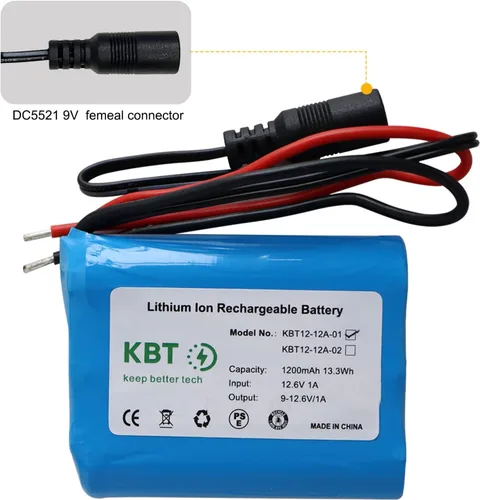 Miniatura 4 de KBT 12V 1200mAh Batería recargable de iones de litio, paquete de batería de repuesto con cables desnudos y cargador compatible para dispositivos