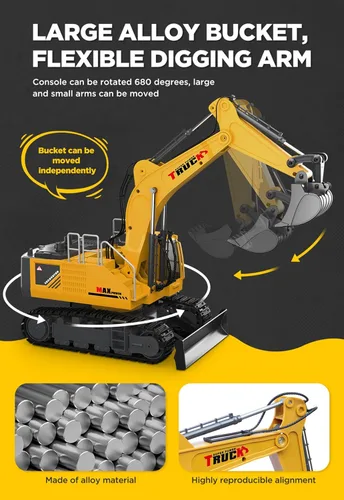 Miniatura 4 de KIDMARKT Juguete grande de excavadora de control remoto de 21 pulgadas con cubo de metal y hoja topadora, juguetes de excavadora RC de 15 canales