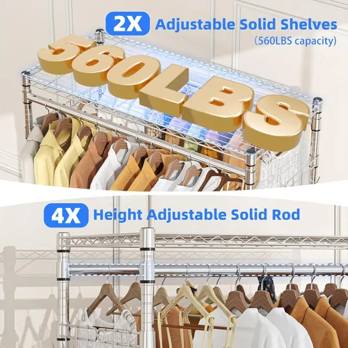 Miniatura 4 de Simple Trending Perchero para ropa resistente con ruedas y 4 varillas colgantes, estantes ajustables para prendas rodantes, capacidad de carga 254
