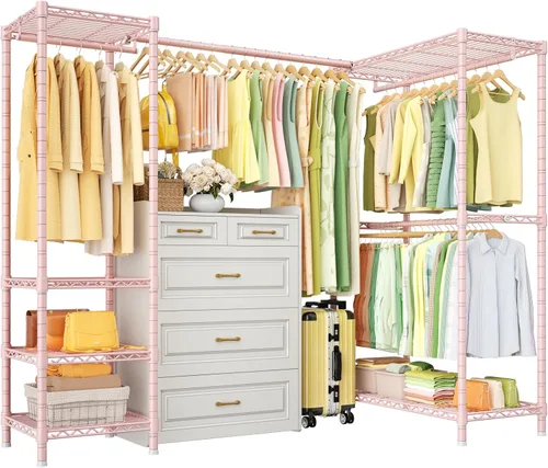 Miniatura 11 de ULIFHOME E10L - Perchero en forma de L para esquina (con barra de suspensión expandible), resistente y independiente para colgar ropa, perchero