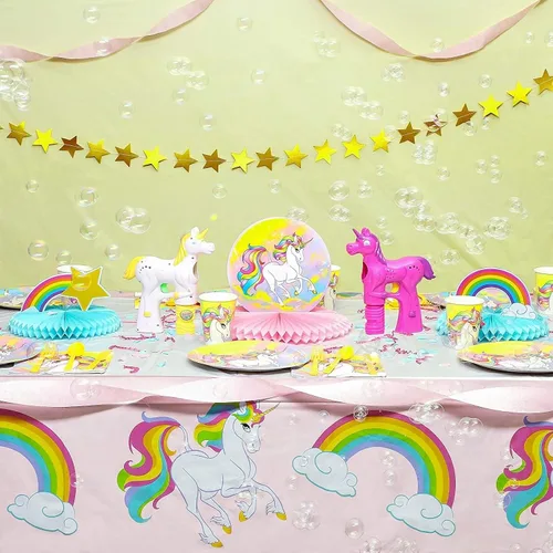 Miniatura 2 de BLUE PANDA Manteles de unicornio – Paquete de 3, 54 x 108 pulgadas, desechables de plástico rectangular rosa y blanco, decoración de cumpleaños