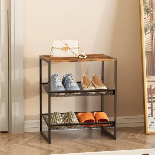 Miniatura 5 de Garden 4 you Zapatero estrecho de 3 niveles para armario, zapatero pequeño con mesa de madera marrón, estante de zapatos de metal ajustable