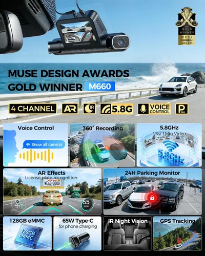 Miniatura 2 de AZDOME Cámara de Tablero de 360° de 4 Canales Frontal y Trasera Interior, eMMC Integrado de 128GB, 2K+1080P*3 Dashcam, Izquierda Derecha, Control