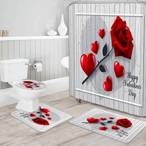 Miniatura 4 de Ochine Juego de cortinas de ducha para el día de San Valentín, cortina de ducha romántica con corazón de amor para decoración de baño