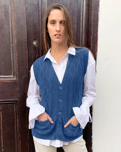 Miniatura 4 de TINKUY Peru - Chaleco tipo cárdigan de lana de alpaca con cuello en V para mujer, talla S-4XL