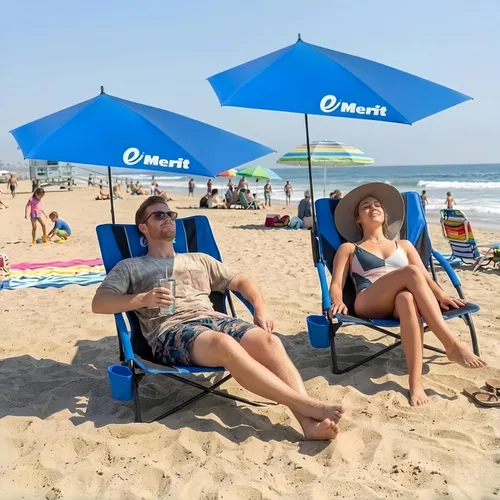 Miniatura 2 de EMERIT Sillas de playa bajas para adultos con paraguas extraíble UPF 50+, mochila plegable ligera silla de camping con soporte para tazas, silla