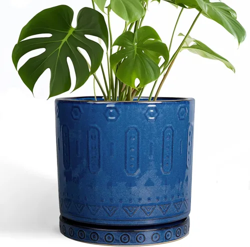 Miniatura 13 de Maceta de Cerámica Eightpot - Maceta de 20 cm para Interior con Agujeros de Drenaje y Platillo, Maceta Redonda para Exterior, Maceta Moderna de Azul