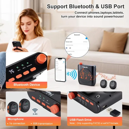 Miniatura 6 de HAKUTA Amplificador de voz inalámbrico, altavoz Bluetooth portátil para profesores con micrófono de solapa magnético y 2 micrófonos, amplificador