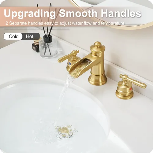 Miniatura 9 de Grifo de Baño Dorado Cascada, Grifos de Baño de Latón de 4-16 Pulgadas 3 Agujeros, Extendido 2 Manijas con Manguera de Agua Preinstalada y Desagüe