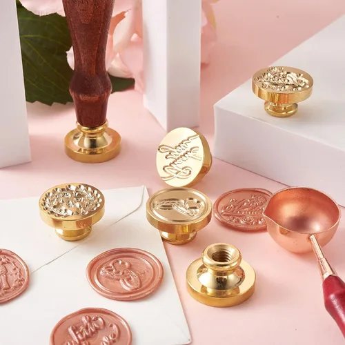 Miniatura 5 de Juego de sellos de cera, 6 piezas con tema de boda, cabeza de sello de cera con mango de madera de haya y varillas de cera de aleación, cuchara