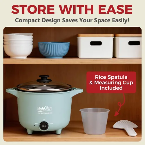 Miniatura 5 de AshGlen Arrocera pequeña de 2 tazas sin cocer / 4 tazas cocidas, mini olla eléctrica, mini olla eléctrica, olla arrocera de cerámica, vaporizador