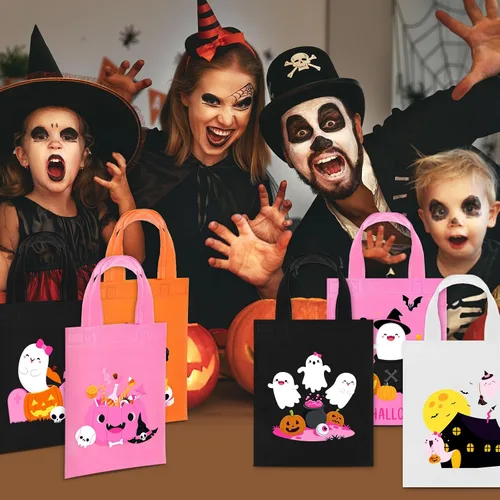 Miniatura 6 de Toulite 24 bolsas no tejidas de Halloween con asa a granel, bolsas reutilizables de regalo de vacaciones, fantasma, calabaza, araña, golosinas