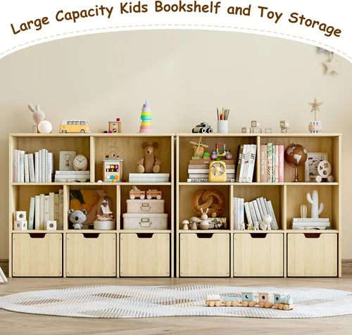 Miniatura 5 de EXPERLAM Organizador de almacenamiento de juguetes de madera de pino macizo, estantería para niños y organizador de juguetes con 3 cajones rodantes