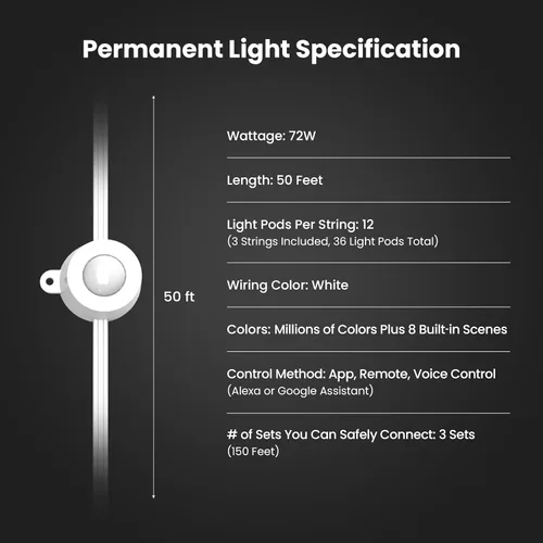 Miniatura 2 de Feit Electric Luces permanentes para exteriores, luces inteligentes RGBIC, luces LED de Navidad de 50 pies, luz debajo de los aleros habilitada