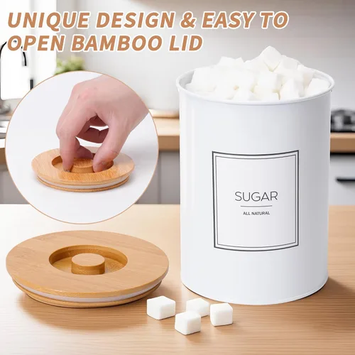 Miniatura 6 de Juego de 4 recipientes para encimera de cocina, recipientes de cocina de metal blanco, recipientes de almacenamiento de harina y azúcar con tapa