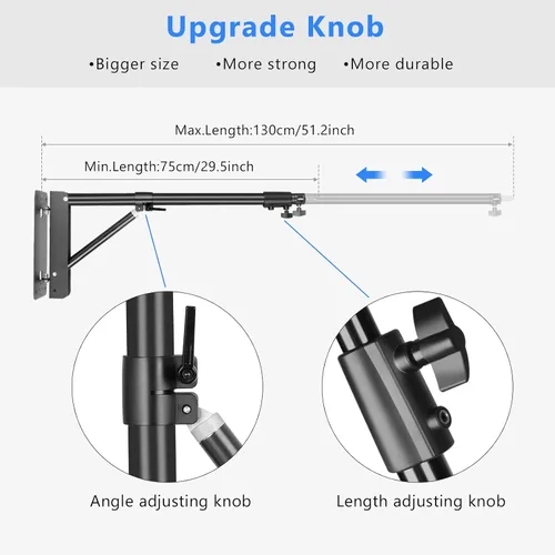 Miniatura 4 de Anillo de luz de pared con base triangular, 51 pulgadas/51.2 in de longitud, soporte ajustable de rotación flexible de 180°, brazo de brazo