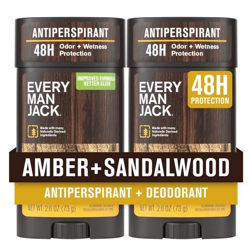 Every Man Jack Desodorante antiperspirante para hombre de ámbar + sándalo – Fórmula nueva y mejorada – Defensa contra el olor y el sudor de 48 horas
